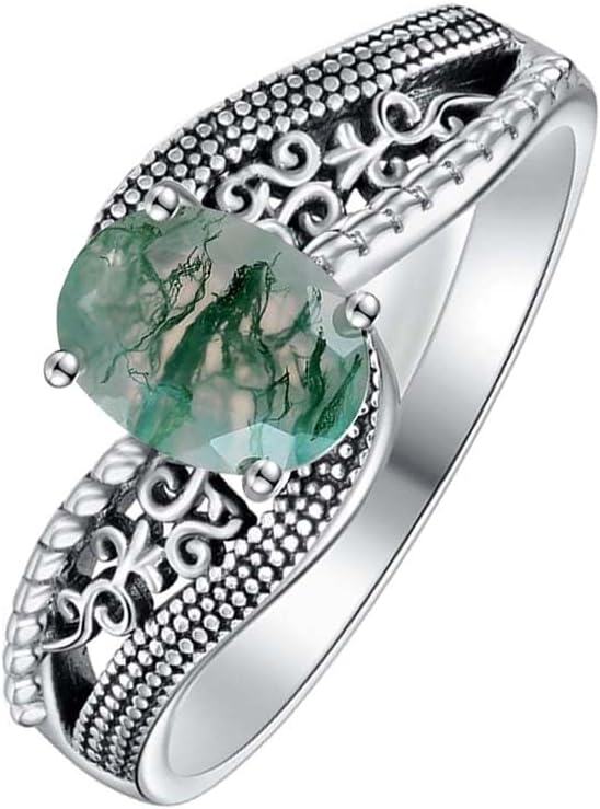 Sterling Silver Moss Agate Vintage Promise Ring Retro Oxidized Filigree-B-Oval Moss Agate # 3
