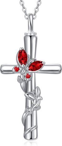wholesale 925 Sterling Silver White Gold Plated Butterfly Cross Urn Necklace w Birthstone for Ashes Memorial Jewelry-Butterfly Cross Urn-Jan