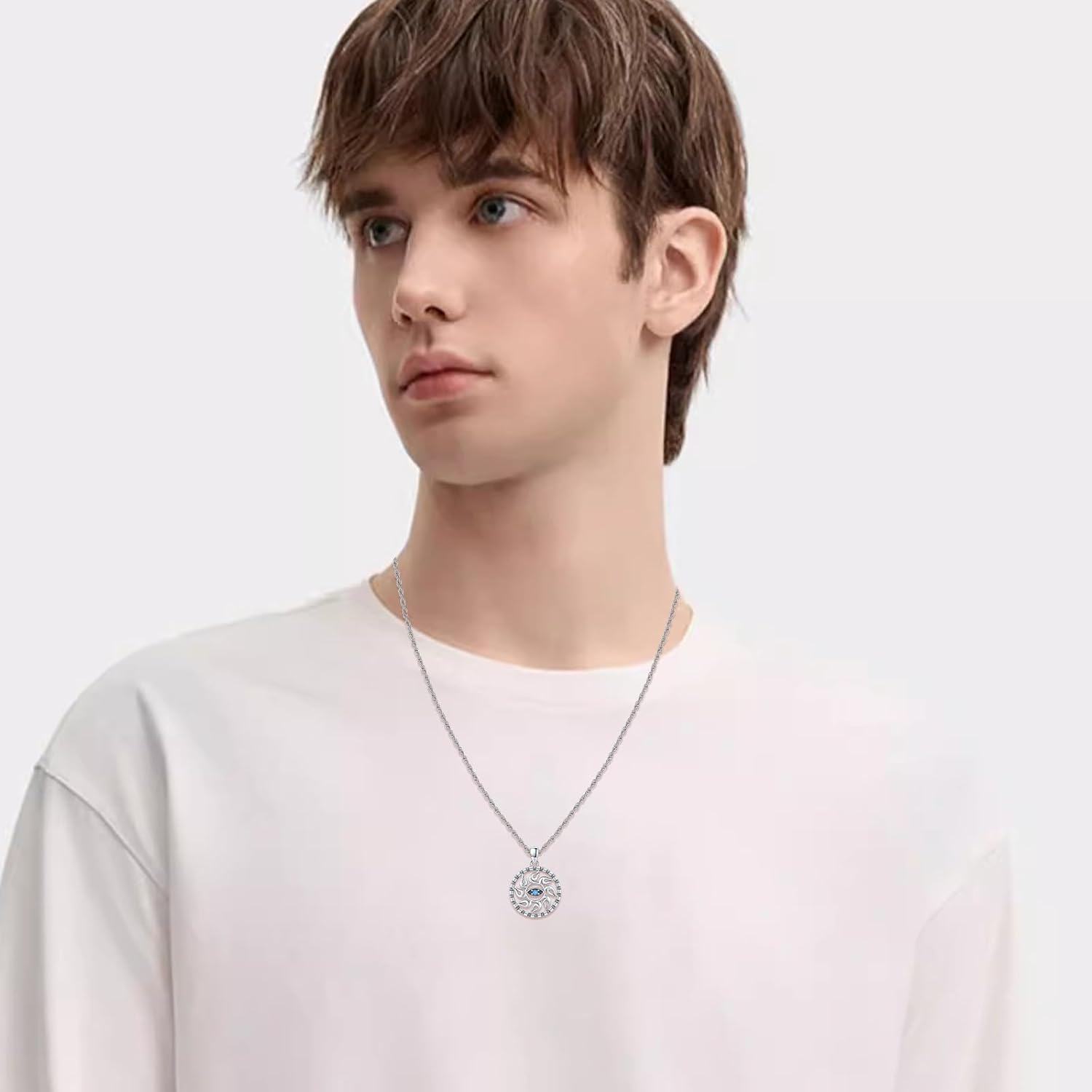 925 Sterling Silver Blue Evil Eye Sun Pendant Necklaces for Women Men Protection Charm  45cm Chain Length-0-3