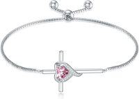 wholesale TOUPOP Pink Tourmaline Cross Bracelet For Women Sterling Silver Birthstone Cross Bracelet Heart Cross October Birthstone Jewelry Birthday Anniversary Christmas Gifts For Her Wife Girlfriend Mom -undefined