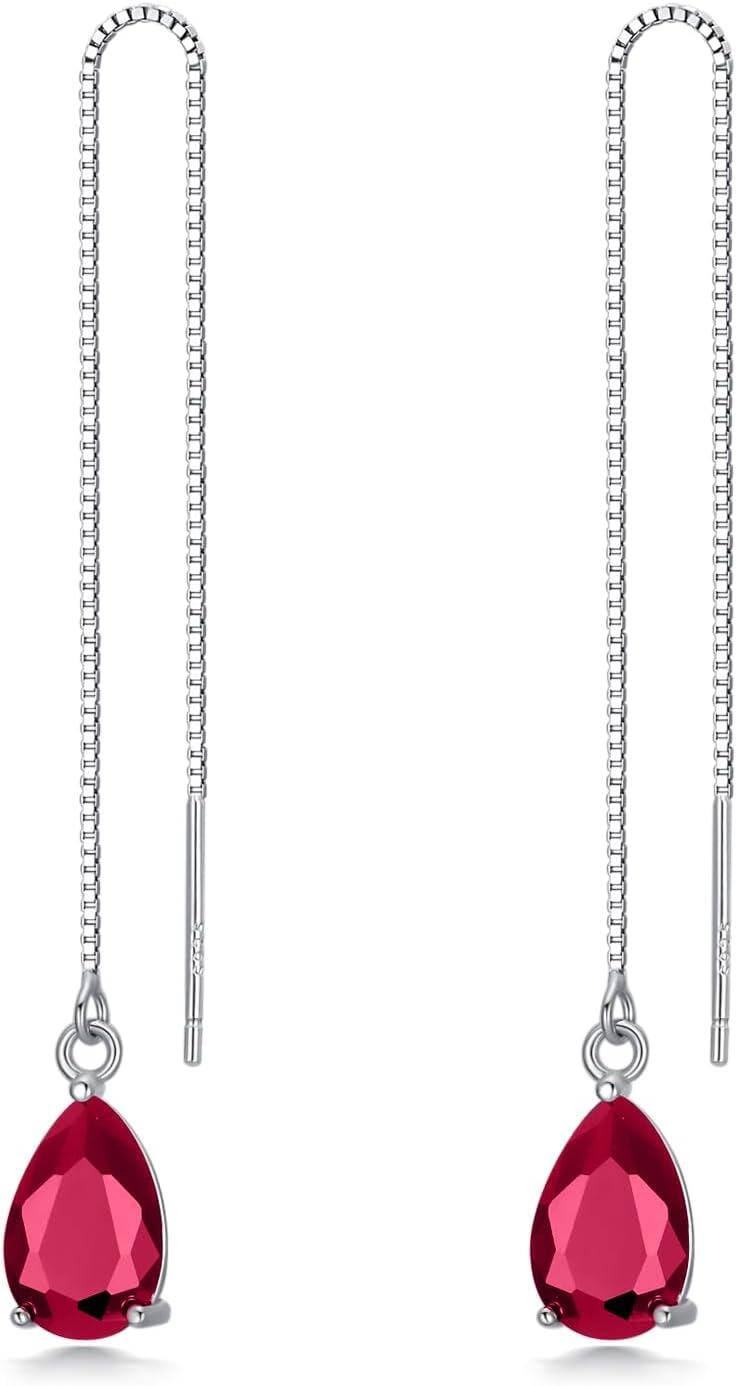Sterling Silver Birthstone Crystal 11 8mm Threader Drop Long Chain Earrings-Ruby Red
