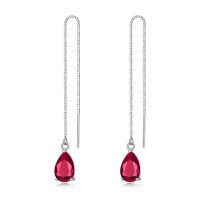 wholesale 925 Sterling Silver Birthstone Crystal 11 8mm Threader Drop Long Chain Earrings-Ruby Red