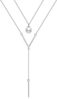 wholesale 925 Sterling Silver Pearl Y-Shape Pendant Layered Necklace Christmas Gifts for Women-Pearl