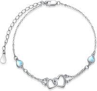wholesale Sterling Silver Cubic Zirconia Double Heart Chain Jewelry for Women-Bracelet 7''-9''-18-Moonstone-White Gold