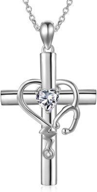 wholesale  Metal Stone Stethoscope Cross Pendant Necklace for Nurse Doctor Graduation -April-Crystal