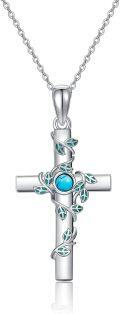 wholesale 925 Sterling Silver Cross with Turquoise and Leaf Design Necklace for Women-0-0