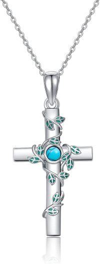 wholesale 925 Sterling Silver Cross with Turquoise and Leaf Design Necklace for Women-01-turquoise
