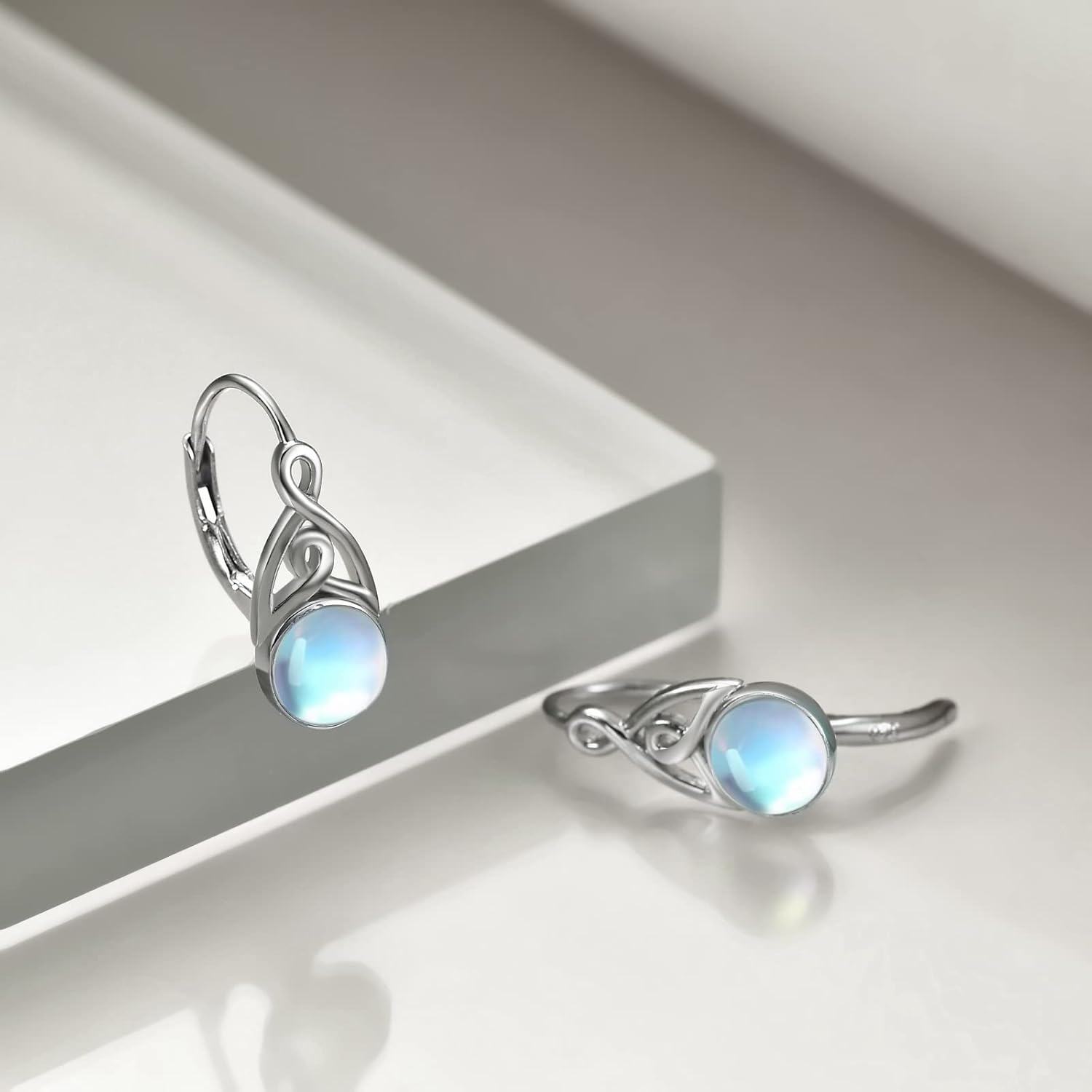 925 Sterling Silver Round Blue Moonstone Celtic Knot Leverback Drop Earrings-0-3