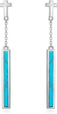 wholesale 925 Sterling Silver Turquoise Bar Cross Dangle Earrings-Cross