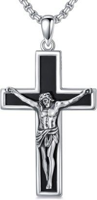 wholesale 925 Sterling Silver  Black Inlay Jesus Crucifix Pendant with Beaded Chain - Religious  (24)-A01 Black onyx