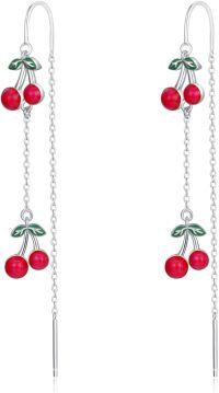 wholesale 925 Sterling Silver Red Cherry Long Drop Earring Gift for Women Girls-Cherry