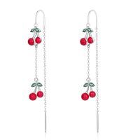 wholesale 925 Sterling Silver Cherry Drop Earrings Platinum Plated Red Fruit Green Leaf Chain For Women-Cherry