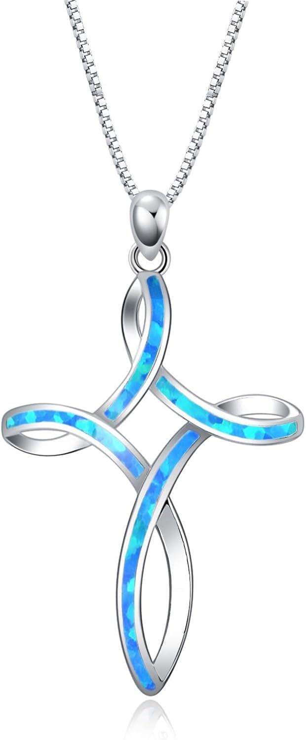 wholesale  Sterling Silver Blue White Opal Celtic Cross Necklace for Women -Blue Cross