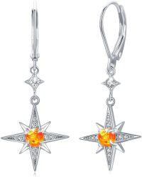 wholesale 925 Sterling Silver Star Orange Stone Leverback Drop Earrings-Star Earrings - Amber Stone