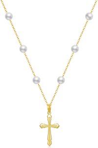 wholesale 14K Gold Religious Cross Pearl Beaded Chain Pendant Necklace for Women - 18 Inches-Cross 1-Tin Cup Chain