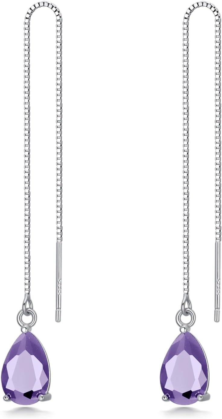 Sterling Silver Birthstone Crystal 11 8mm Threader Drop Long Chain Earrings-Lavender Purple