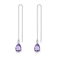 wholesale 925 Sterling Silver Birthstone Crystal 11 8mm Threader Drop Long Chain Earrings-Lavender Purple