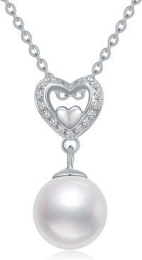 wholesale 925 Sterling Silver Heart-Shaped Cubic Zirconia & White Freshwater Pearl Pendant Necklace-style 1