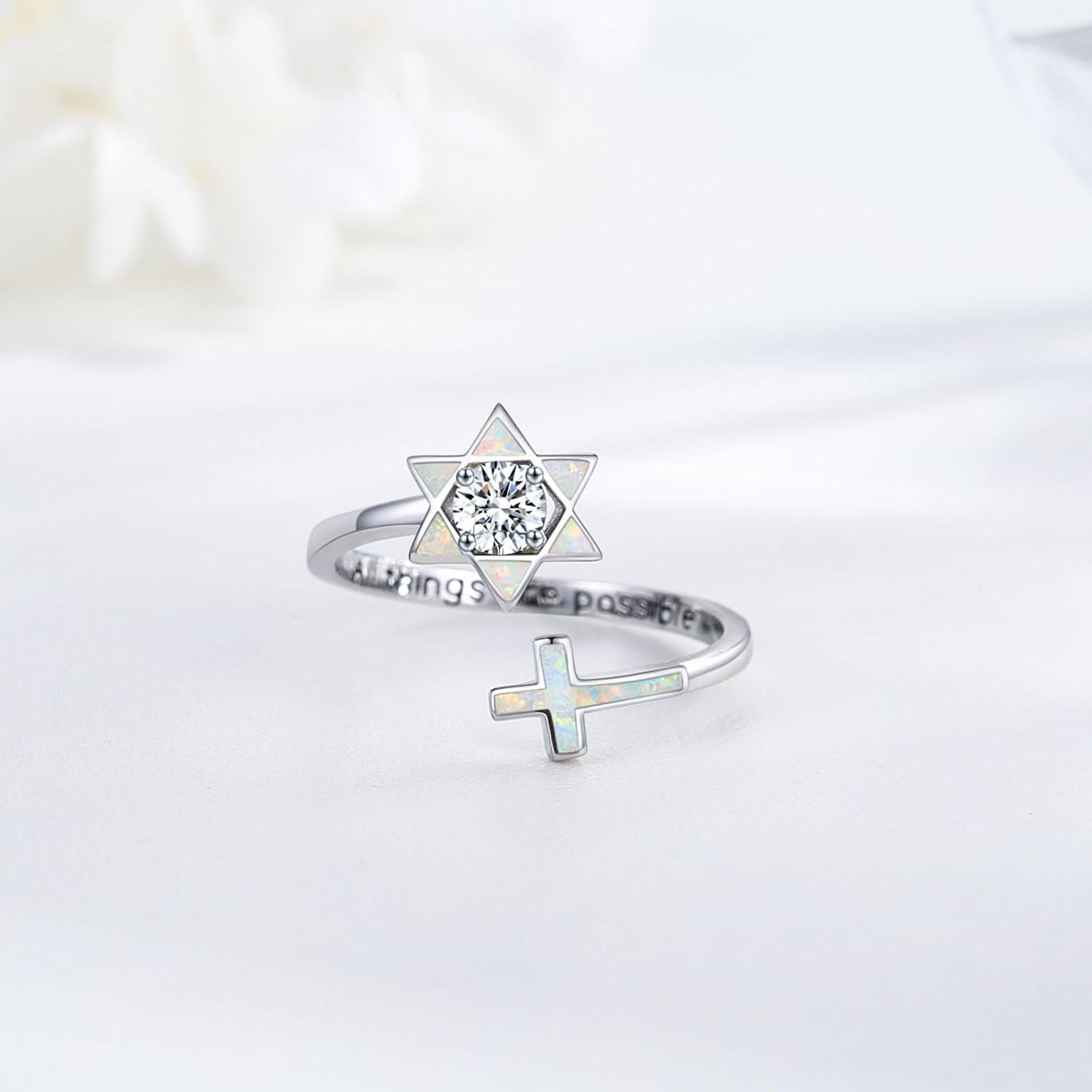 Sterling Silver Opal Star of David Ring for Women Hanukkah Jewelry Gift-0-2