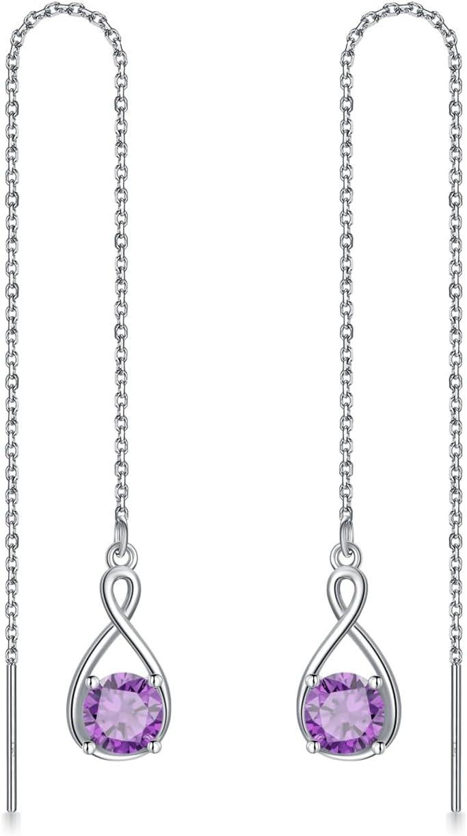  Sterling Silver Birthstone Threader Earrings Infinity Long Chain Drop Pull Through 12 Stone Birthday Jewelry Gifts for Women -06-Jun-Alexandrite