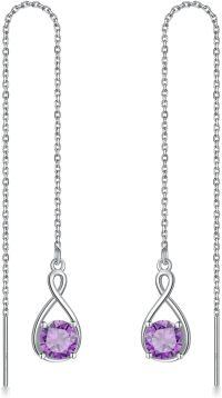 wholesale 925 Sterling Silver Birthstone Threader Earrings Infinity Long Chain Drop Pull Through 12 Stone Birthday Jewelry Gifts for Women-06-Jun-Alexandrite
