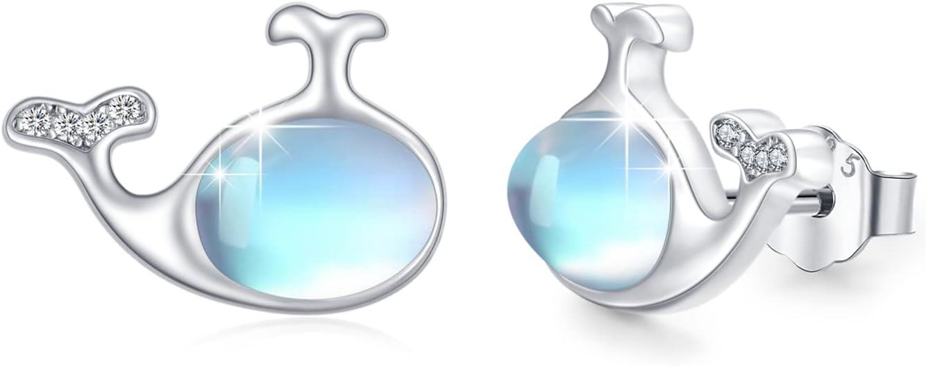 Sterling Silver Moonstone Birthstone Opal Star Planet Panda Whale Heart Earrings for Women -Whale Stud Earrings