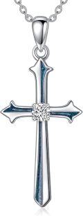 wholesale 925 Sterling Silver Blue Stone Inlay Cross Pendant Necklace for Women Christian -0-0