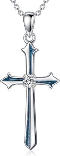 wholesale 925 Sterling Silver Blue Stone Inlay Cross Pendant Necklace for Women Christian -01-Turquoise Cross