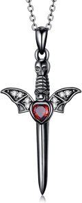 wholesale 925 Sterling Silver & Red Crystal Gothic Bat Sword Pendant Necklace for Women-0-0
