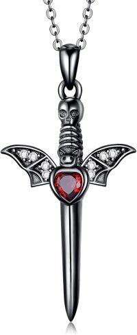 wholesale 925 Sterling Silver & Red Crystal Gothic Bat Sword Pendant Necklace for Women-Bat Sword