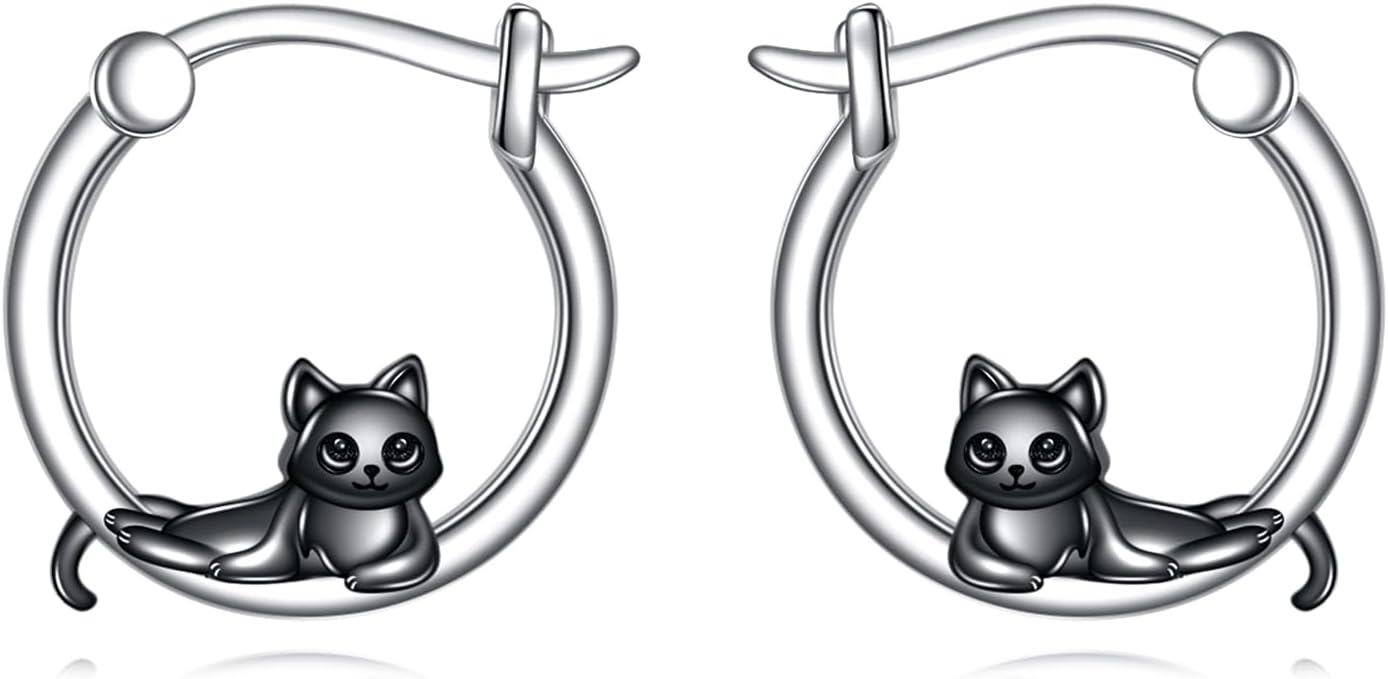 Sterling Silver Animal Hoop Earrings Fox Bear Penguin Axolotl Octopus Raccoon Christmas Gifts for Women-cat earrings