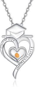 wholesale 925 Sterling Silver Graduation Cap & Heart with Yellow Stone Pendant Necklace - Class of 2024-0-0
