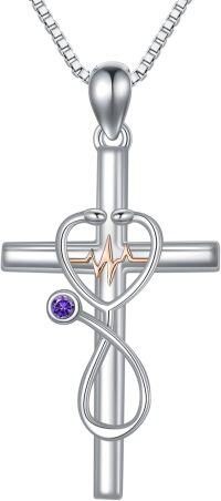 wholesale 925 Sterling Silver Birthstone Stethoscope Cross Necklace for Nurse Doctor RN-02-February-Amethyst