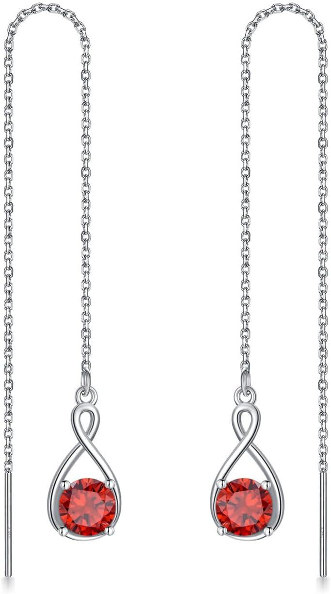  Sterling Silver Birthstone Threader Earrings Infinity Long Chain Drop Pull Through 12 Stone Birthday Jewelry Gifts for Women -01-Jan-Garnet