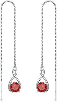 wholesale 925 Sterling Silver Birthstone Threader Earrings Infinity Long Chain Drop Pull Through 12 Stone Birthday Jewelry Gifts for Women-01-Jan-Garnet
