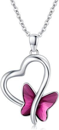 wholesale 925 Sterling Silver Pink Crystal Butterfly Heart Pendant Necklace for Women-Purple