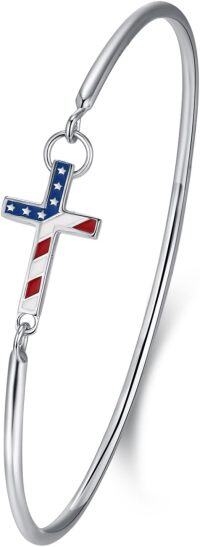 wholesale 925 Sterling Silver American Flag Cross Bracelet with Polishing Finish – 0.71in Cross, 2.36in Bangle – Faith & Patriotism Jewelry Gift-Flag