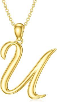 wholesale Sterling Silver 26 Letter Pendant Necklace-yellow gold plated-Letter U