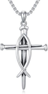 wholesale 925 Sterling Silver Nail Cross Pendant - Christian  for Men (Length: 22)-4-Nail Cross Fish