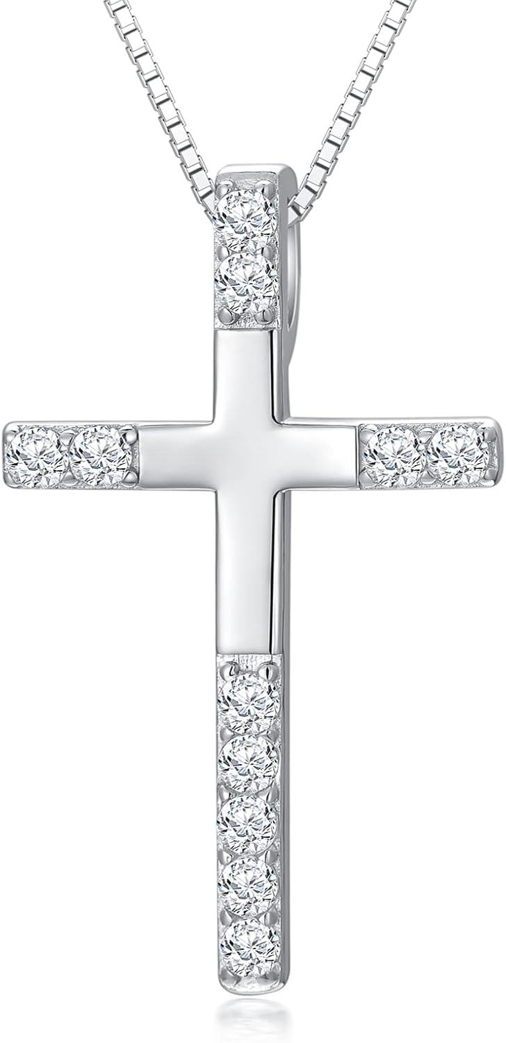 Sterling Silver 5A CZ Women s Cross Necklace 20 Adjustable Chain Baptism Gift-0-1