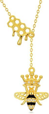 wholesale 925 Sterling Silver Gold-Plated Queen Bee Necklace with Crown & Beehive Pendant - 18\ Chain, Fashion Jewelry Gift for Women-01-Queen Bee