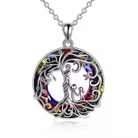 TOUPOP Sterling Silver Crystal Tree Of Life Necklace For Women-color_name:B-Mother and 2 Child-Volcano Crystal
