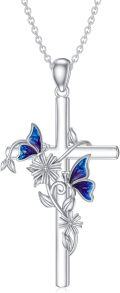 wholesale 925 Sterling Silver Cross Pendant Necklace w/ Butterflies & Flowers - Christian  for Her-0-0
