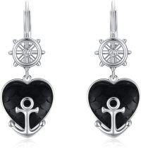 wholesale 925 Sterling Silver Black Heart Anchor Drop Earrings for Women Girls-Nautical