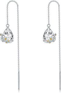 wholesale 925 Sterling Silver & White Gold Plated Daisy Flower Threader Earrings, Nickel-Free, Lead-Free, Hypoallergenic, 7.9x11.4mm-Daisy Flower