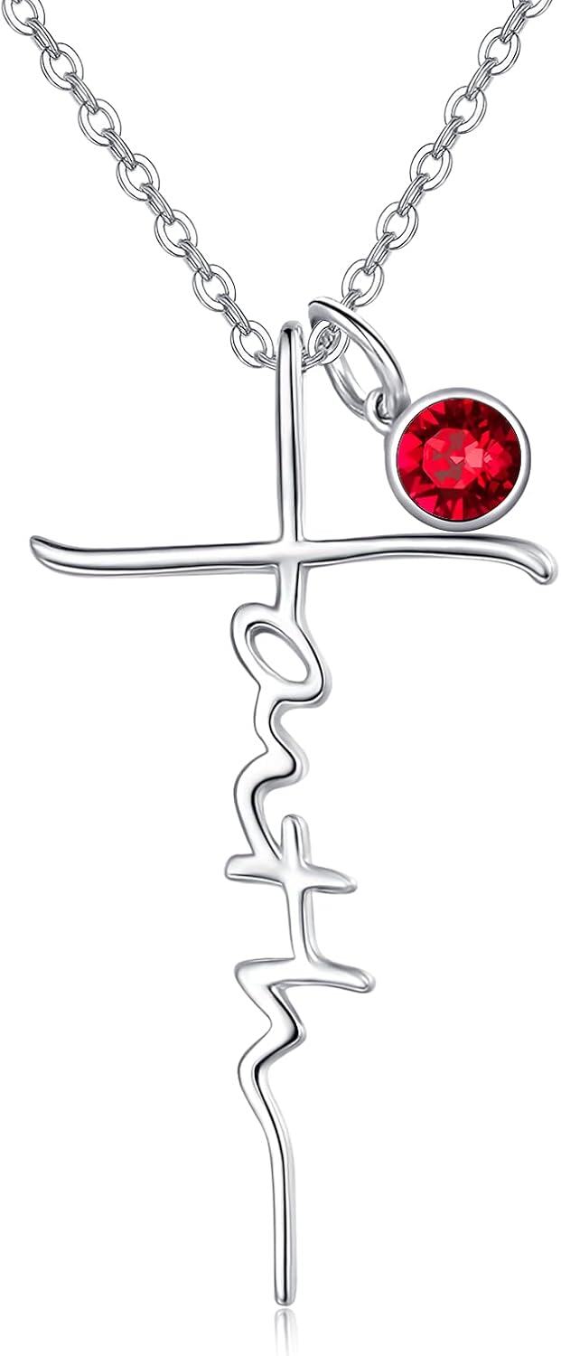 Sterling Silver Birthstone Faith Cross Pendant Necklace for Women-Ruby-Ruby