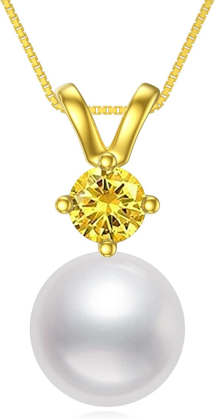  Sterling Silver Gold Plated Pearl Birthstone Necklace for Women -11-Nov-Citrine