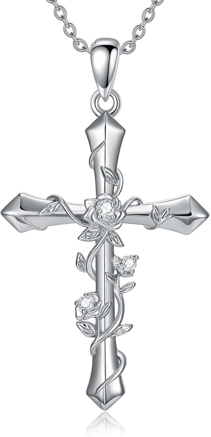 Sterling Silver Lab Grown Diamond Cross Necklace for Women-0-0
