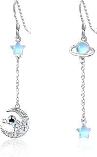 wholesale 925 Sterling Silver Moon & Stars Drop Earrings for Women - Celestial Hooks with Blue Opal Planet Charm-Astronaut Planet