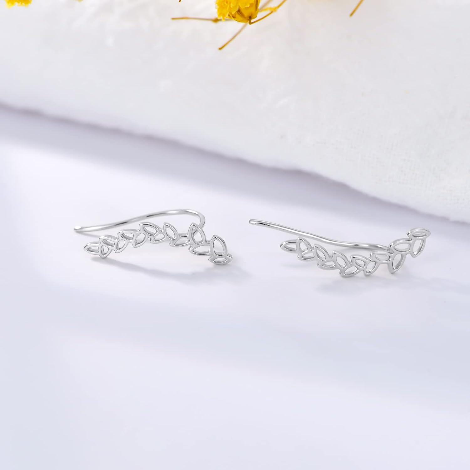 18K White Gold Feather Design Ear Climbers Stud Earrings for Women-0-4
